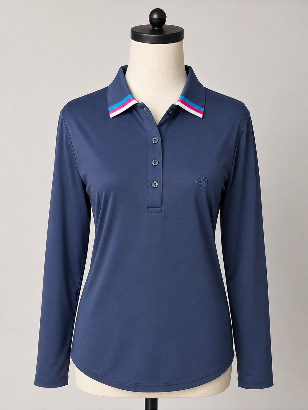 G/FORE Navy Long-Sleeve Button-Down Polo with Stripe Collar